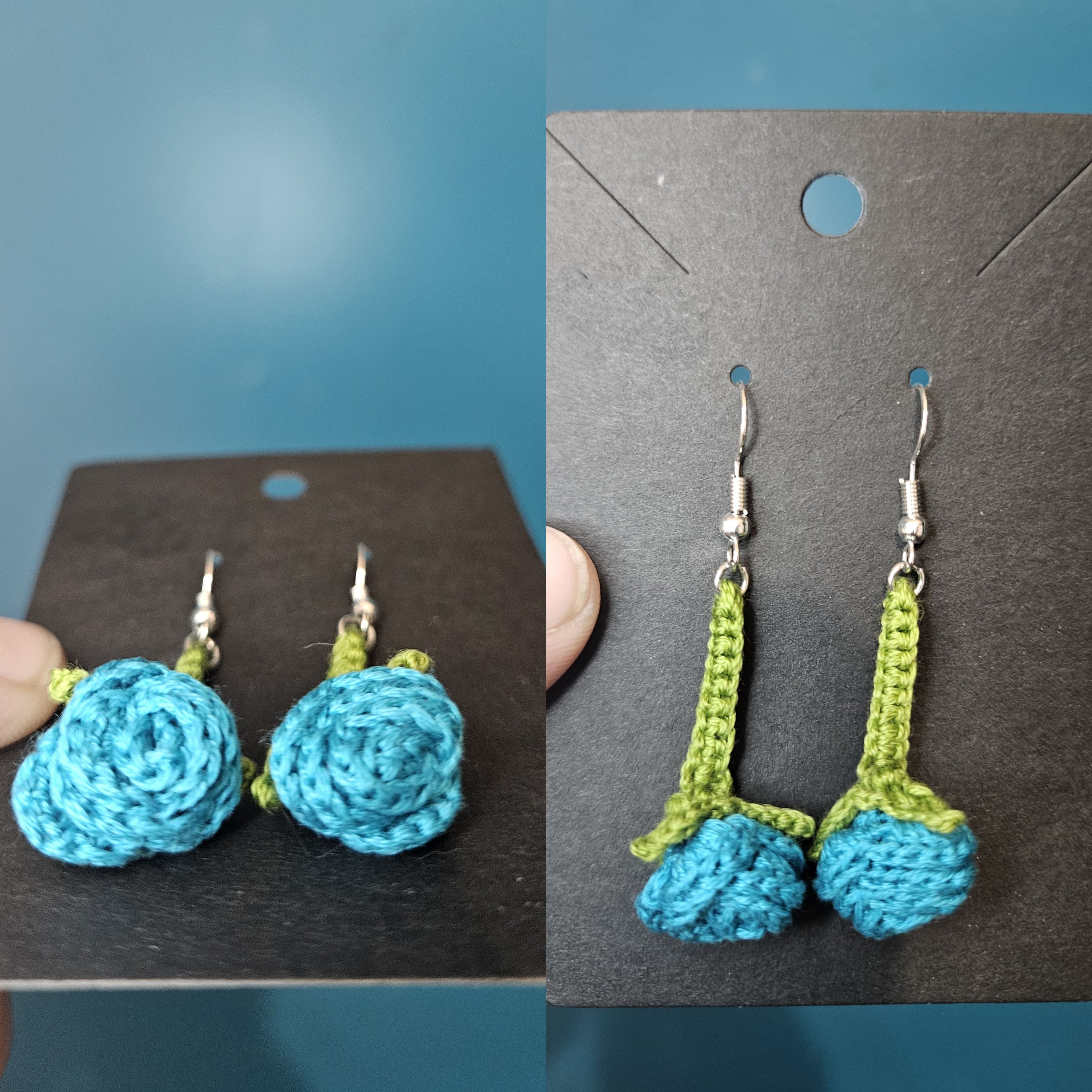 Custom Micro Crochet Drop Rose Earrings with Light Green Stem