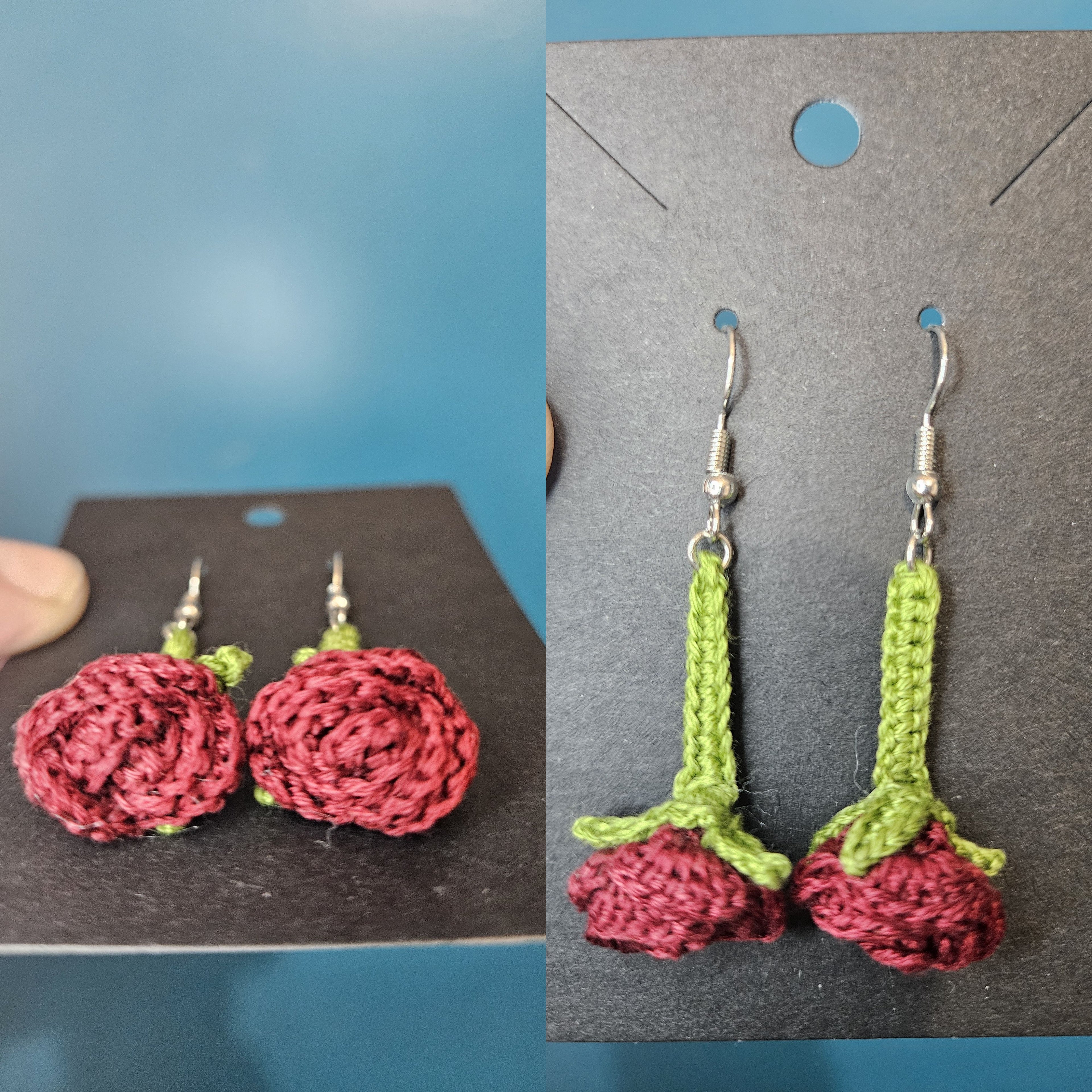 Custom Micro Crochet Drop Rose Earrings with Light Green Stem