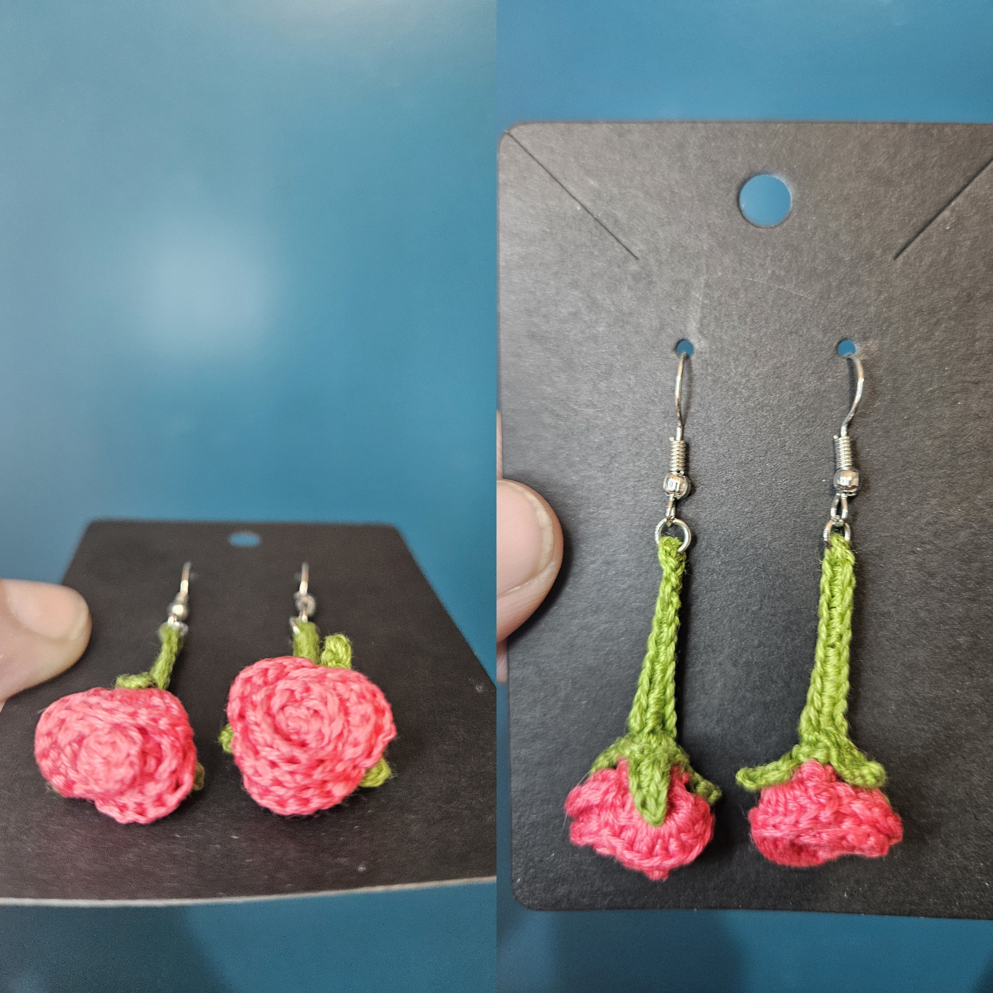 Custom Micro Crochet Drop Rose Earrings with Light Green Stem