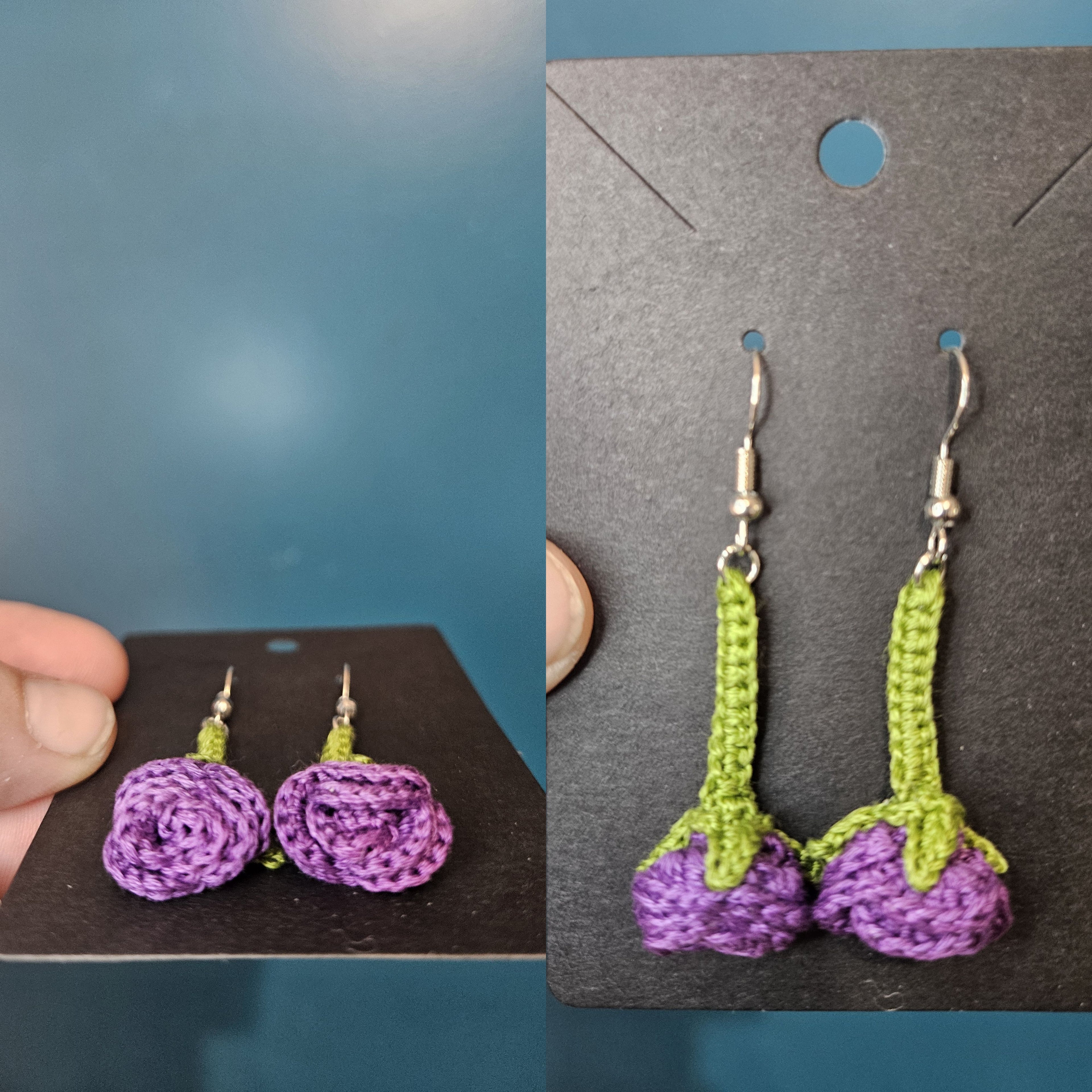 Custom Micro Crochet Drop Rose Earrings with Light Green Stem