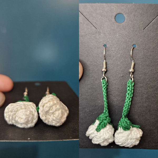 Custom Micro Crochet Drop Rose Earrings with Dark Green Stem