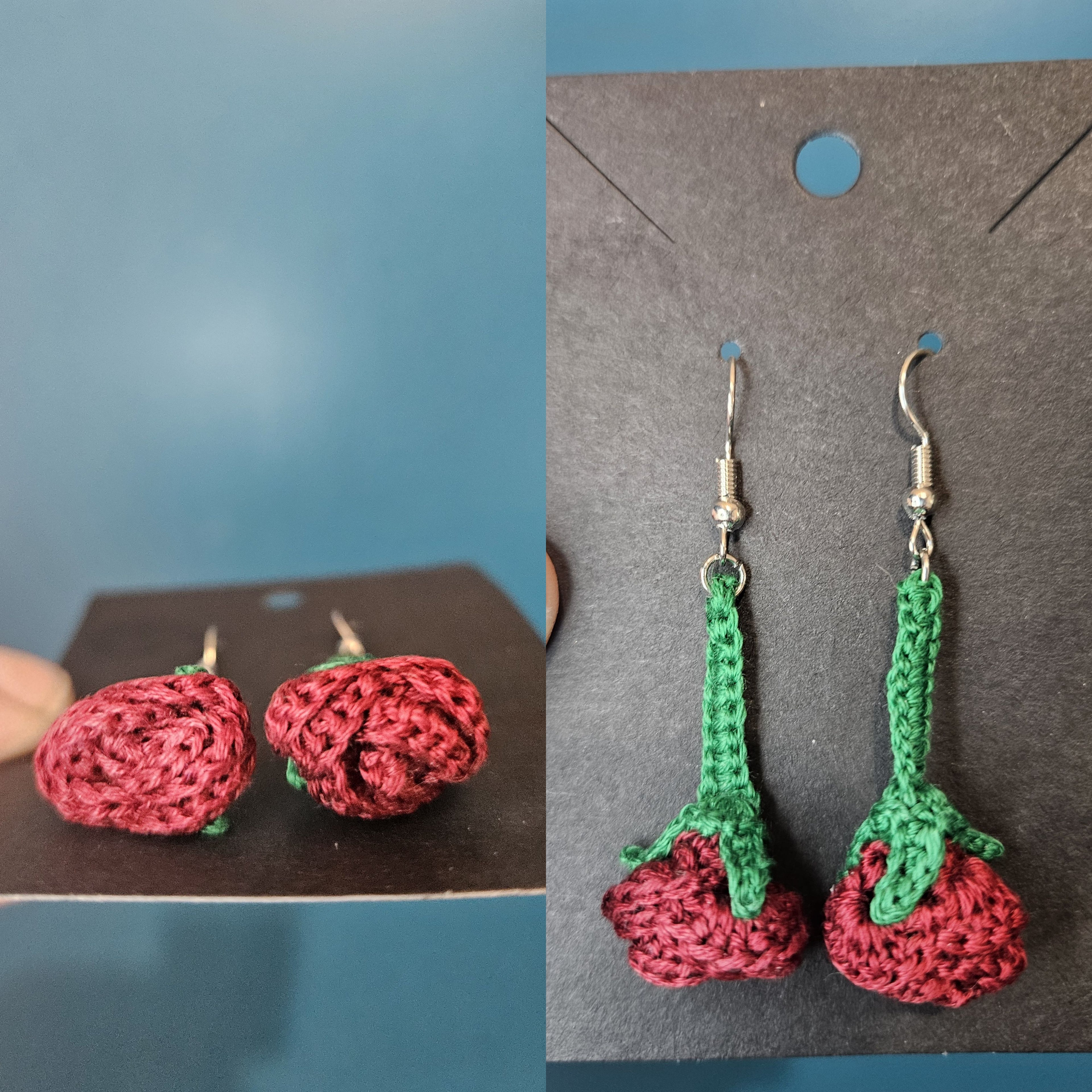 Custom Micro Crochet Drop Rose Earrings with Dark Green Stem