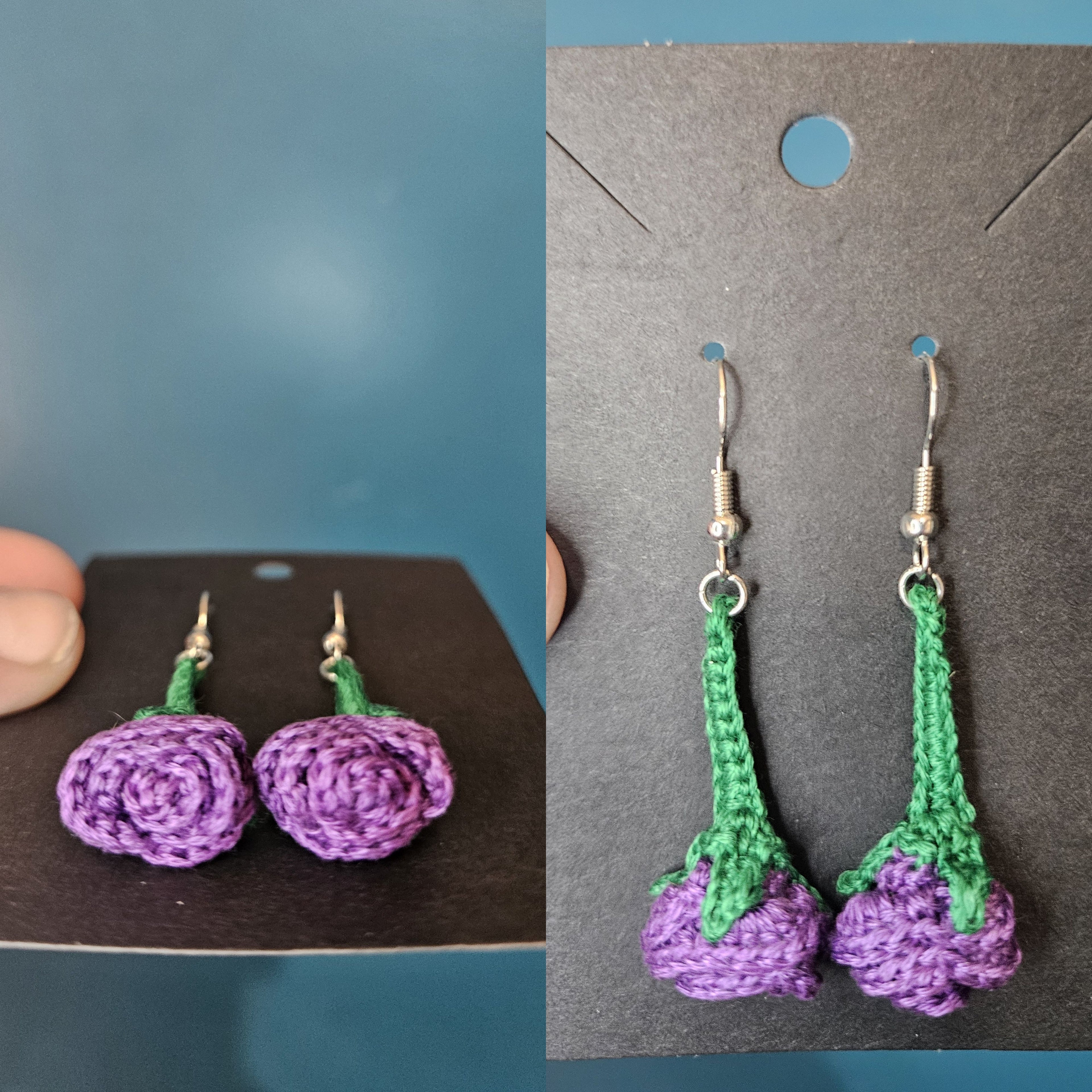 Custom Micro Crochet Drop Rose Earrings with Dark Green Stem
