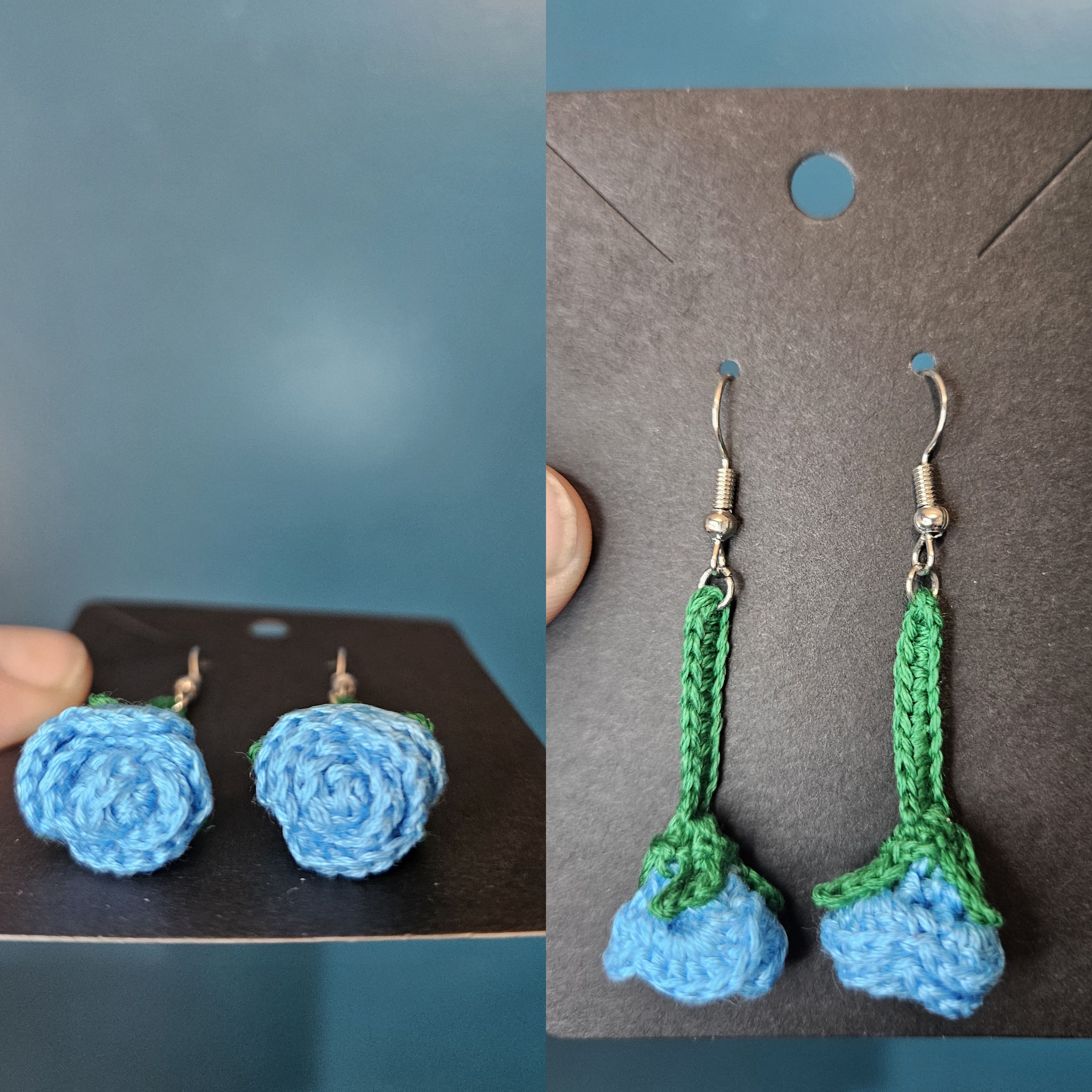 Custom Micro Crochet Drop Rose Earrings with Dark Green Stem