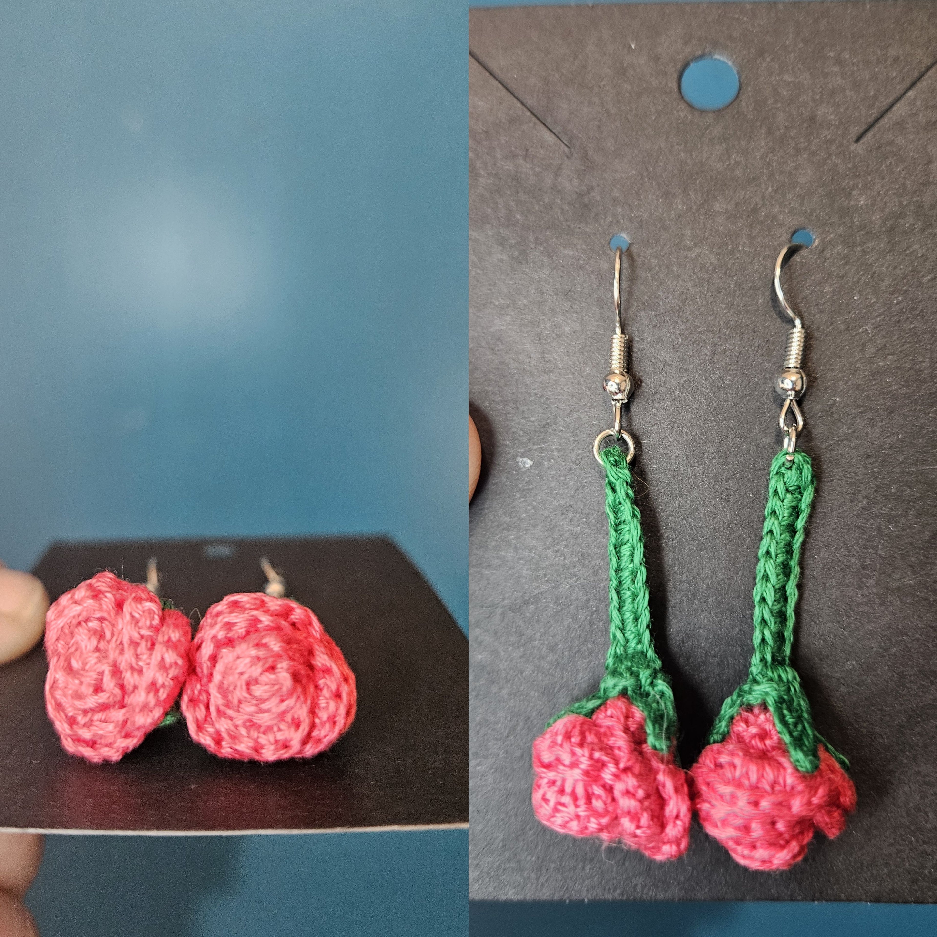 Custom Micro Crochet Drop Rose Earrings with Dark Green Stem